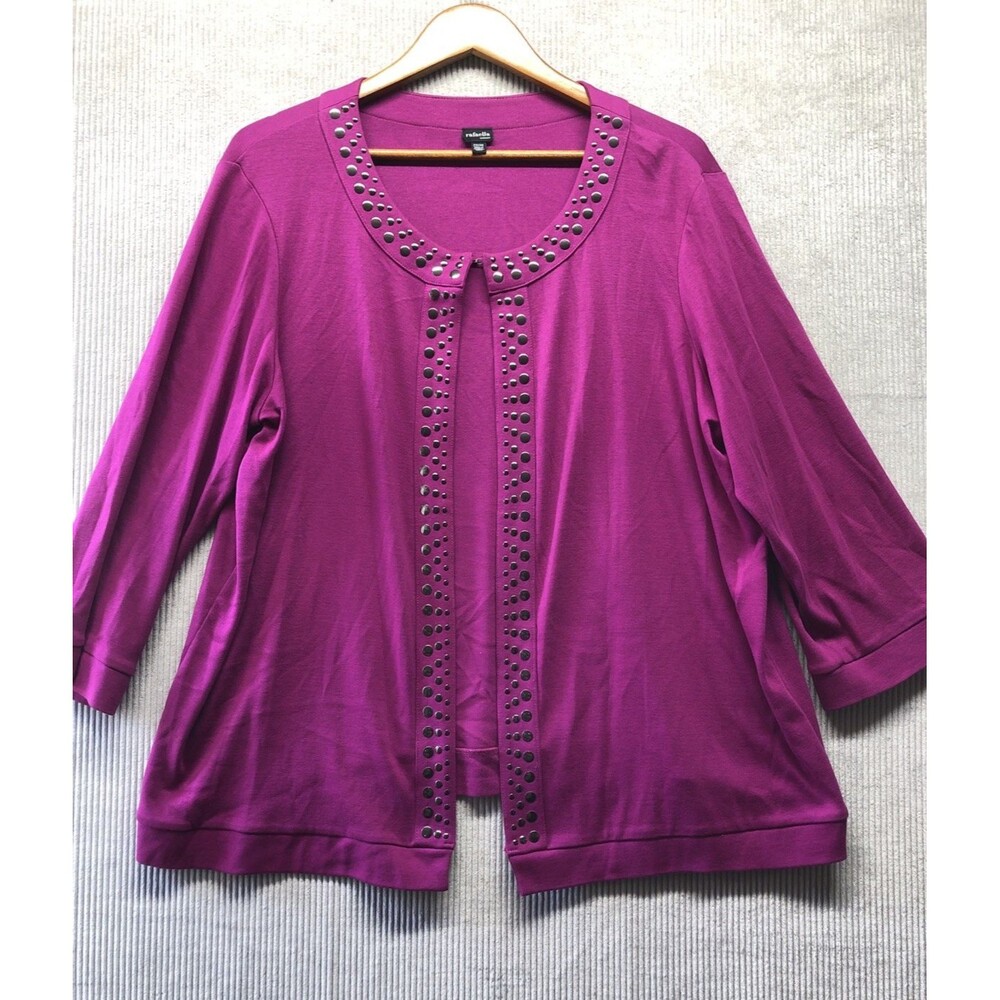 Rafaella Women Cardigan 2X Purple Plum Studded Embellished Waist Length Layered